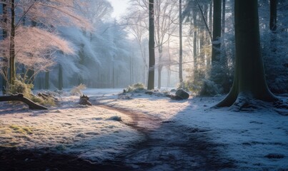 Beautiful winter forest landscape with trees covered with hoarfrost and snow