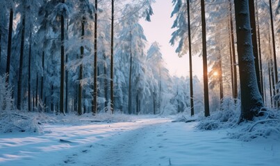 Beautiful sunset in the winter forest. Winter landscape with snow and sun