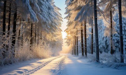 Beautiful sunset in the winter forest. Winter landscape with snow and sun