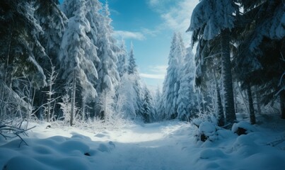 Beautiful sunset in the winter forest. Winter landscape with snow and sun