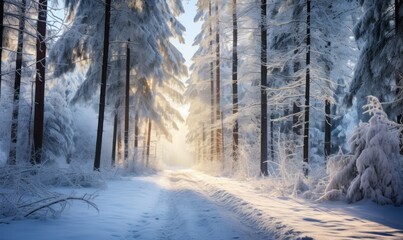 Snowy winter forest. Winter forest with trees covered with snow.