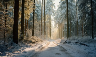 Beautiful winter landscape with snow covered trees in forest at sunrise.