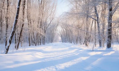 Winter forest in sunny day. Winter landscape with trees covered with snow