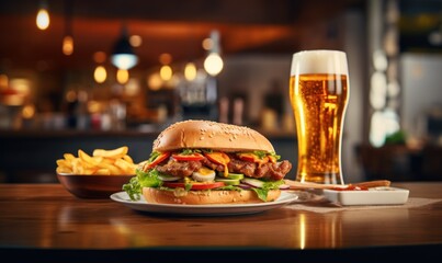 Beef burger with french fries and a glass of beer in a pub