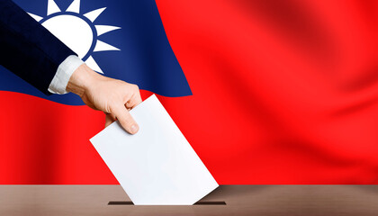 Hand holding ballot in ballot box with Taiwan flag in background. Taiwan presidential election - obrazy, fototapety, plakaty