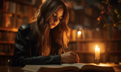 Young woman reading a book in the library at night. Education concept.