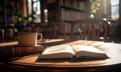 Cup of coffee and book on a wooden table in a cafe