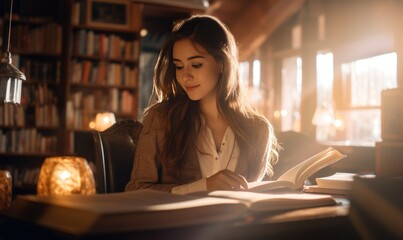 beautiful young woman indoors in library reading book. - Powered by Adobe