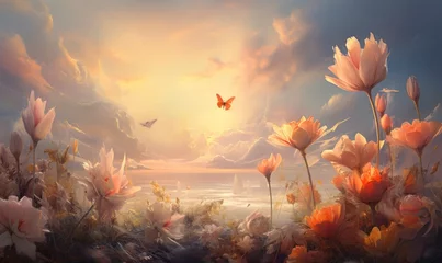 Foto op Canvas Beautiful spring landscape with flowers and butterfly.  © TheoTheWizard