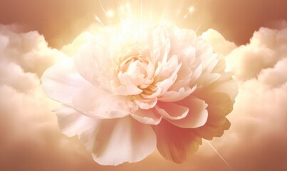 White peony flower in the sky with rays of light. Abstract background.