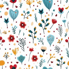 Fototapeta na wymiar Seamless Pattern simple doodle flowers and cute hearts on a white background retro style Print For Fabric