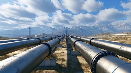 Uma visão panorâmica da construção de oleodutos e gasodutos destacando a extensa rede e infraestrutura envolvidas no transporte de energia