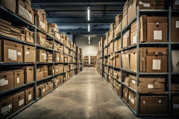 Storage room. There are boxes with various goods on the racks