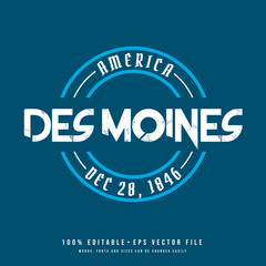 Des Moines circle badge logo text effect vector. Editable college t-shirt design printable text effect vector
