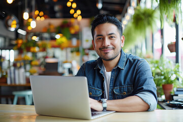 Hispanic man using laptop in cafe, work remote or having online training - obrazy, fototapety, plakaty