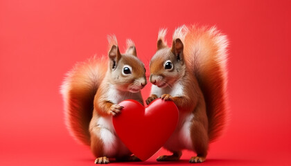 Cute red squirrel couple holding a red heart on red background, funny animals for Valentine's Day card - obrazy, fototapety, plakaty