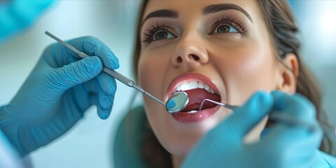 A Close-Up of a Woman with Wide-Open Teeth Undergoing Examination Using a Dentist's Mirror Tool...
