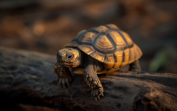 Cute tortoise crawing on the log.Generative AI