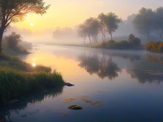 Tranquil landscape. Scenic nature view in a mist.
