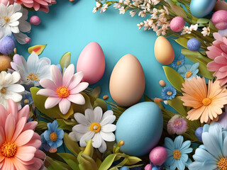 Fototapeta na wymiar Colorful Easter eggs festive background with floral elements.