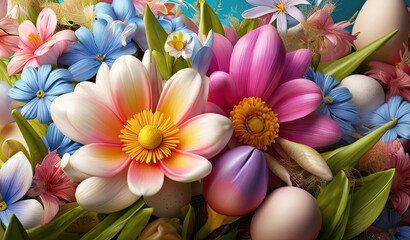 Colorful Easter eggs festive background with floral elements.