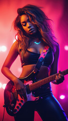 Female musician with electric guitar in neon light