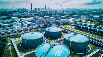 Uma visão de perspectiva de grandes tanques de armazenamento de produtos químicos em um complexo industrial mostrando o armazenamento e distribuição de produtos químicos na indústria química