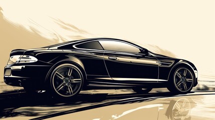  a drawing of a black sports car driving down the road in a blurry image of the front end of the car and the front end of the car on the road.