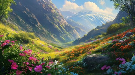  a painting of a mountain valley with flowers in the foreground and a stream of water running through the middle of the valley, with a mountain in the background.
