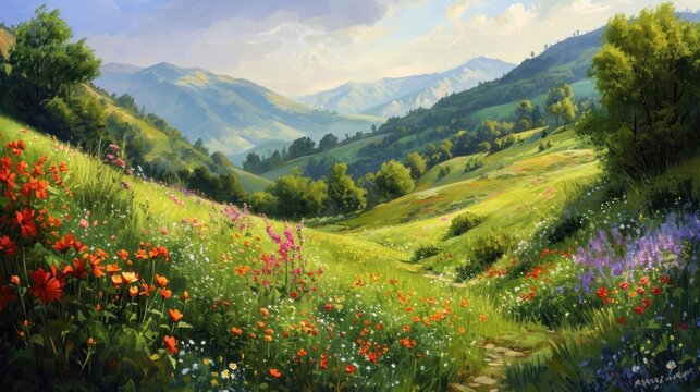 a painting of a lush green hillside with wildflowers and a path leading to the top of a hill with a view of a valley and mountains in the distance.