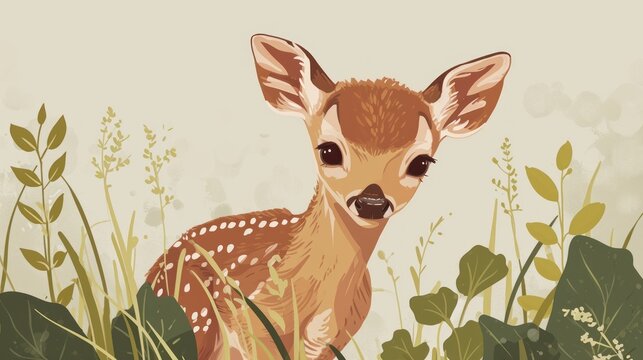  a picture of a baby deer in a field of grass and flowers with a background of green leaves and a light brown background with a little deer's head.