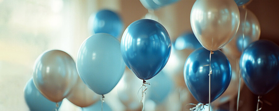 Sharp, detailed wide scale image full of many blue, silever and white floating balloons.