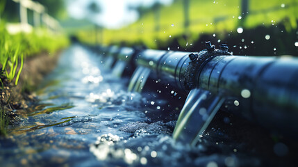 Uma fotografia de um sistema de irrigação agrícola em ação mostrando o uso eficiente de recursos hídricos nas práticas modernas de agricultura - obrazy, fototapety, plakaty