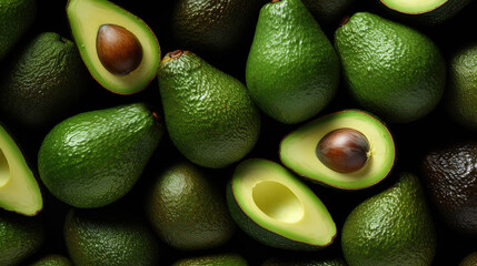 Avocado background. Top view, whole and cut in half