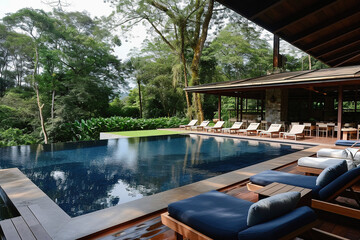 Luxury resort with pool with lounge chairs and tropical plants