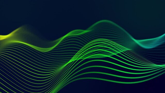 looping animation in 4K featuring abstract magical green waves with glowing particles that form a plane structure with waves, suitable for presentation, web, and nightclub settings.
