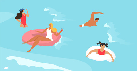 Women relaxing on floaties in a pool, one with a drink, another diving. Summer, vacation, and leisure concept. Summertime relaxation vector illustration.