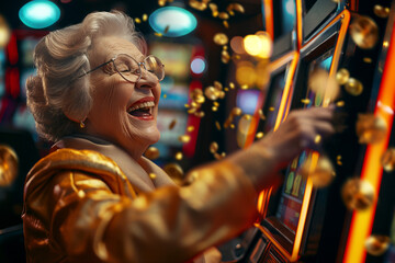 Fototapeta na wymiar Grandma is very happy that she won a huge amount of money in the casino, slot machines in the background