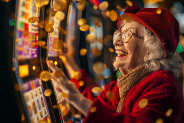 Fototapeta premium Grandma is very happy that she won a huge amount of money in the casino, slot machines in the background