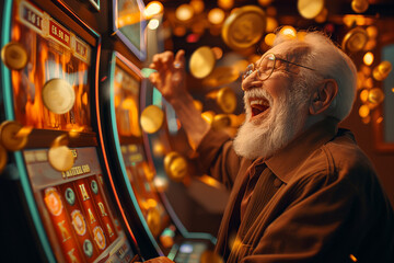 Obraz premium Grandfather is very happy that he won a huge amount of money in the casino, slot machines in the background