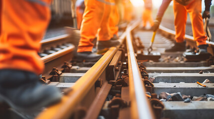 Um instantâneo de trabalhadores realizando manutenção e reparo em trilhos e infraestruturas ferroviárias enfatizando a contínua manutenção das redes de transporte