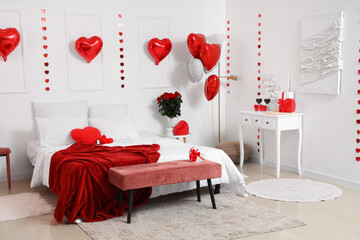Interior of festive bedroom with decorations for Valentine's Day celebrations
