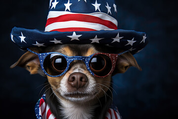 A dog wearing sunglasses and hat with stars and USA flag. Elections, US Independence Day. Patriotic dog. Generative AI