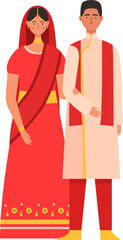 People man woman couple in culture dress from india, wife husband isolated on white, vector illustration. Indian sari and national costume design, ethnic family. Male traditional turban.