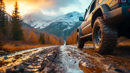 Badezimmer Foto Rückwand Tire of an off-road car driving on mud in the mountains © PhotoHunter