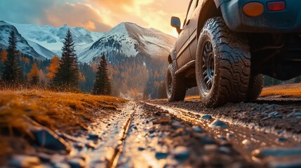 Tire of an off-road car driving on mud in the mountains - obrazy, fototapety, plakaty