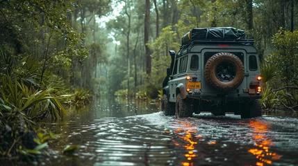 Fotobehang A car driving through a wet forest, an off-road trip © PhotoHunter