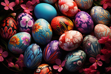 Fototapeta na wymiar Vibrant Easter Celebration. Colorful Eggs, Beautiful Flowers of Joy and Endless Happiness