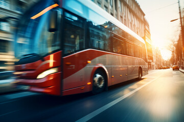 City bustle on the city streets. A regular bus moves around the city center