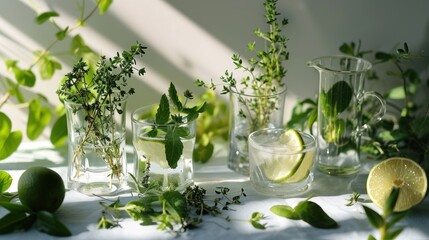  a table topped with glass vases filled with green leaves and a lemon next to a pitcher of water and a glass filled with water and a slice of lemon.